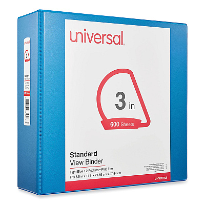 Universal Slant D-Ring View Binder, 3 Rings, 3" Capacity, 11 x 8.5, Light Blue (UNV20753)