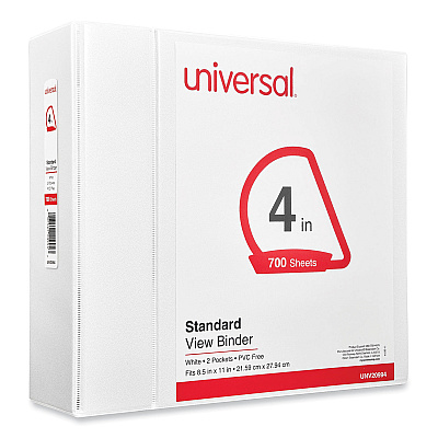 Universal Slant D-Ring View Binder, 3 Rings, 4" Capacity, 11 x 8.5, White (UNV20994)