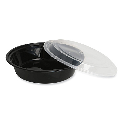 GEN Microwavable Food Container with Lid, Round, 48 oz, 8.85 x 8.85 x 2.24, Black/Clear, Plastic, 150/Carton (GENTORND48)