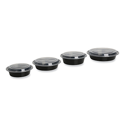 GEN Microwavable Food Container with Lid, Round, 32 oz, 7.28 x 7.28 x 2.55, Black/Clear, Plastic, 150/Carton (GENTORND32)