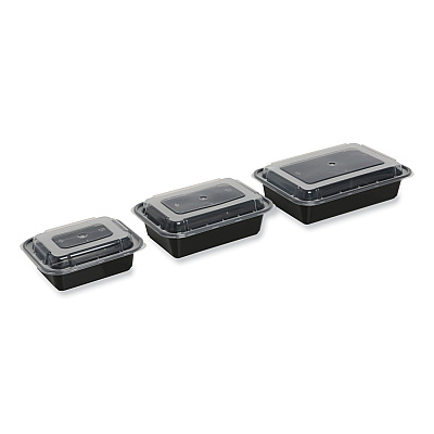 GEN Microwavable Food Container with Lid, Rectangular, 32 oz, 8.81 x 6.02 x 2.24, Black/Clear, Plastic, 150/Carton (GENTORECT32)