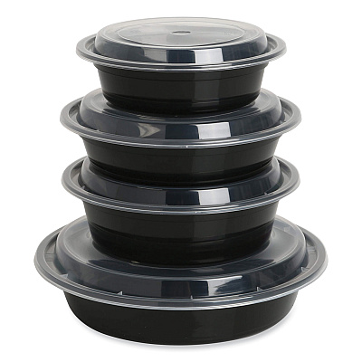GEN Microwavable Food Container with Lid, Round, 48 oz, 8.85 x 8.85 x 2.24, Black/Clear, Plastic, 150/Carton (GENTORND48)