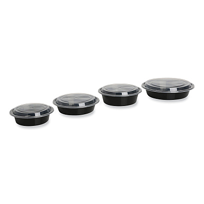 GEN Microwavable Food Container with Lid, Round, 48 oz, 8.85 x 8.85 x 2.24, Black/Clear, Plastic, 150/Carton (GENTORND48)
