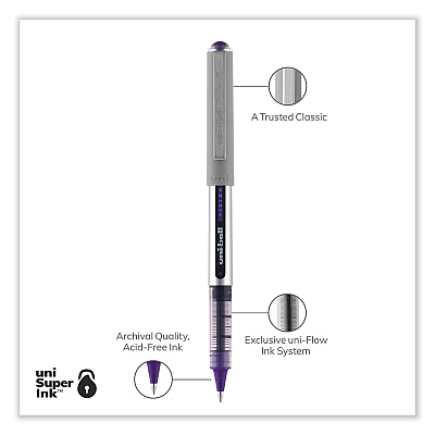 uniball VISION Roller Ball Pen, Stick, Fine 0.7 mm, Violet Ink, Silver/Violet/Clear Barrel, Dozen (UBC60382)