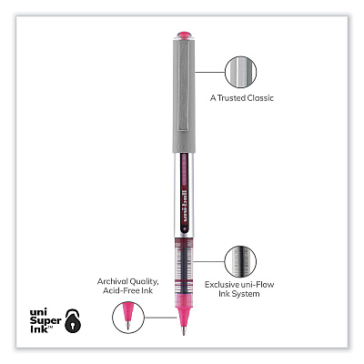 uniball VISION Roller Ball Pen, Stick, Fine 0.7 mm, Pink Ink, Silver/Pink/Clear Barrel, Dozen (UBC60384)