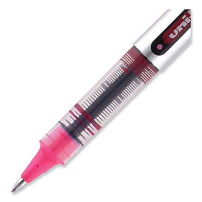 uniball VISION Roller Ball Pen, Stick, Fine 0.7 mm, Pink Ink, Silver/Pink/Clear Barrel, Dozen (UBC60384)