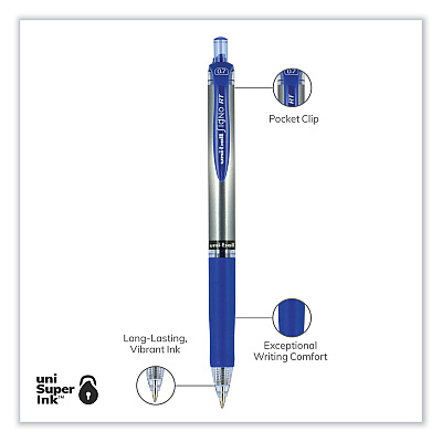 uniball Signo Gel Pen, Retractable, Medium 0.7 mm, Blue Ink, Silver/Blue Barrel, Dozen (UBC65941)