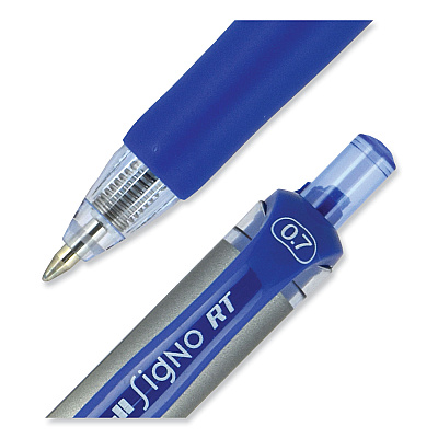 uniball Signo Gel Pen, Retractable, Medium 0.7 mm, Blue Ink, Silver/Blue Barrel, Dozen (UBC65941)
