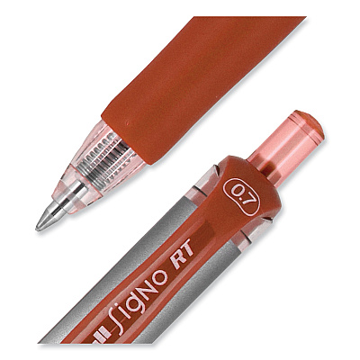 uniball Signo Gel Pen, Retractable, Medium 0.7 mm, Red Ink, Silver/Red Barrel, Dozen (UBC65942)