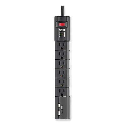 Tripp Lite Protect It! Surge Protector, 6 AC Outlets/2 USB Ports, 8 ft Cord, 1,080 J, Black (TLP608RUSBB)