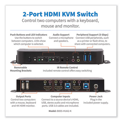 Tripp Lite 2-Port HDMI/USB KVM Switch, Ships in 7-10 Business Days (TRPB005HUA2K)