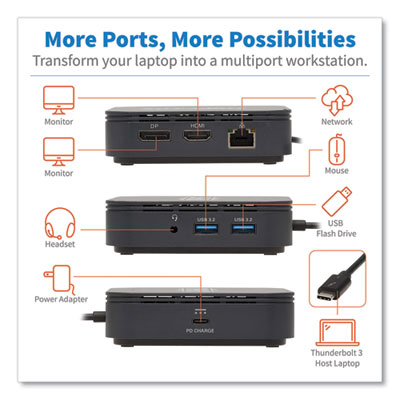 Tripp Lite Thunderbolt 3 Dual Monitor Docking Station, 3.5 mm/DisplayPort/HDMI/USB-A/USB-C PD Charging/RJ45, BK, Ships in 7-10 Bus Days (MTB3DOCK04)