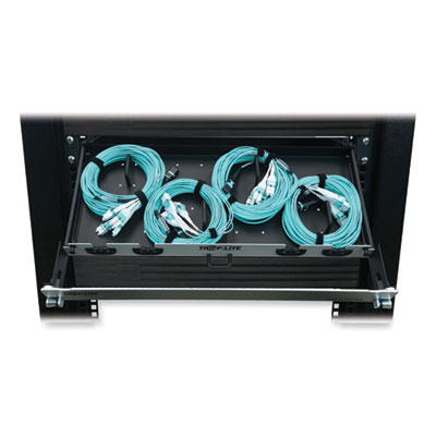 Tripp Lite 1U Preloaded Multimode Fiber Cable Panel, MTP/MPO (F) to (4) LC Duplex (M), 32.8 ft, Aqua, Ships in 7-10 Business Days (N48M4M8L410)