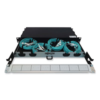 Tripp Lite 1U Preloaded Multimode Fiber Cable Panel, MTP/MPO (F) to (4) LC Duplex (M), 32.8 ft, Aqua, Ships in 7-10 Business Days (N48M4M8L410)