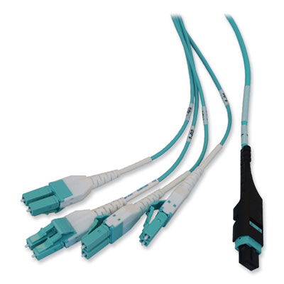 Tripp Lite 1U Preloaded Multimode Fiber Cable Panel, MTP/MPO (F) to (4) LC Duplex (M), 32.8 ft, Aqua, Ships in 7-10 Business Days (N48M4M8L410)