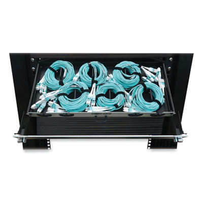 Tripp Lite 1U Preloaded Multimode Fiber Cable Panel, (4) LC Duplex (M) to (4) LC Duplex (M), 32.8 ft, Aqua, Ships in 7-10 Business Days (N48M6L8L10)
