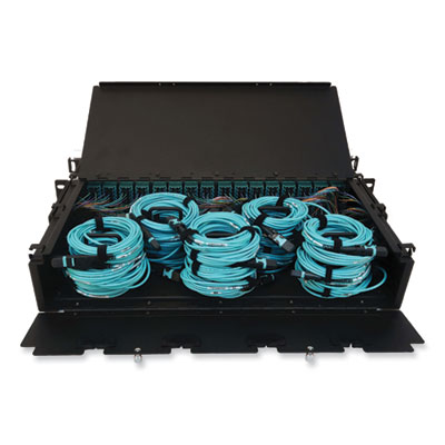 Tripp Lite 2U Preloaded Multimode Fiber Cable Panel, (32) MTP/MPO (F) to (128) LC Duplex (F), 9.8 ft, Aqua, Ships in 7-10 Business Days (N48M32M8L403)
