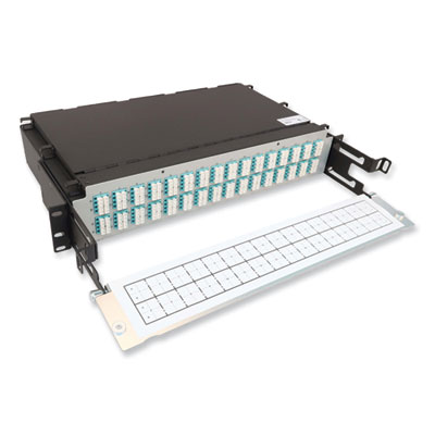 Tripp Lite 2U Preloaded Multimode Fiber Cable Panel, (32) MTP/MPO (F) to (128) LC Duplex (F), 9.8 ft, Aqua, Ships in 7-10 Business Days (N48M32M8L403)