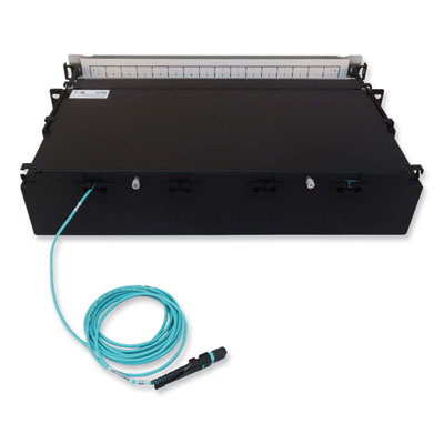 Tripp Lite 2U Preloaded Multimode Fiber Cable Panel, (32) MTP/MPO (F) to (128) LC Duplex (F), 9.8 ft, Aqua, Ships in 7-10 Business Days (N48M32M8L403)