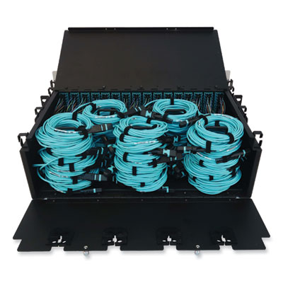 Tripp Lite 3U Preloaded Multimode Fiber Cable Panel, (64) MTP/MPO (F) to (256) LC Duplex (F), 9.8 ft, Aqua, Ships in 7-10 Business Days (N48M64M8L403)