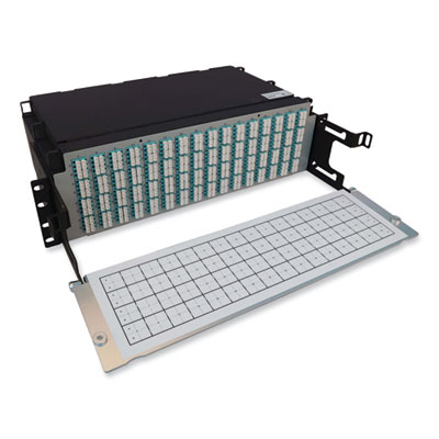 Tripp Lite 3U Preloaded Multimode Fiber Cable Panel, (64) MTP/MPO (F) to (256) LC Duplex (F), 9.8 ft, Aqua, Ships in 7-10 Business Days (N48M64M8L403)