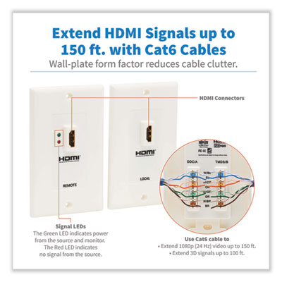 Tripp Lite HDMI Over Dual CAT5/CAT6 Extender Wall Plate Kit w/Transmitter and Receiver, Range Up to 150 ft, WH, Ships in 7-10 Bus Days (TRPP167000)