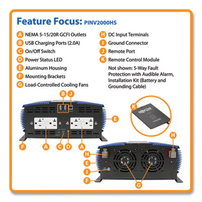 Tripp Lite 2,000 W Heavy-Duty Industrial-Strength Mobile Power Inverter, USB, Blue, Ships in 7-10 Business Days (PINV2000HS)