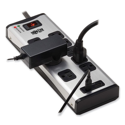 Tripp Lite Eight-Outlet Surge Protector, 8 AC Outlets, 8 ft Cord, 2,100 J, Black/Silver, Ships in 7-10 Business Days (TLM88USBC)