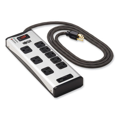 Tripp Lite Eight-Outlet Surge Protector, 8 AC Outlets, 8 ft Cord, 2,100 J, Black/Silver, Ships in 7-10 Business Days (TLM88USBC)