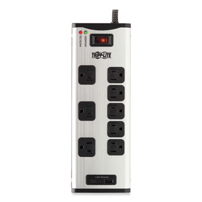 Tripp Lite Eight-Outlet Surge Protector, 8 AC Outlets, 8 ft Cord, 2,100 J, Black/Silver, Ships in 7-10 Business Days (TLM88USBC)