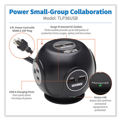 Tripp Lite Three-Outlet Spherical Surge Protector, 3 AC Outlets, 6 ft Cord, 540 J, Black, Ships in 7-10 Business Days (TLP36USB)