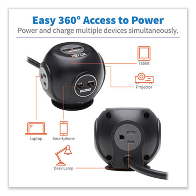 Tripp Lite Three-Outlet Spherical Surge Protector, 3 AC Outlets, 6 ft Cord, 540 J, Black, Ships in 7-10 Business Days (TLP36USB)