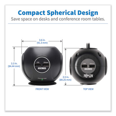 Tripp Lite Three-Outlet Spherical Surge Protector, 3 AC Outlets, 6 ft Cord, 540 J, Black, Ships in 7-10 Business Days (TLP36USB)