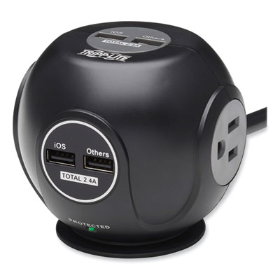 Tripp Lite Three-Outlet Spherical Surge Protector, 3 AC Outlets, 6 ft Cord, 540 J, Black, Ships in 7-10 Business Days (TLP36USB)