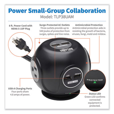 Tripp Lite Safe-IT Three-Outlet Spherical Surge Protector, 3 AC Outlets, 8 ft Cord, 540 J, Black, Ships in 7-10 Business Days (TRPTLP38UAM)