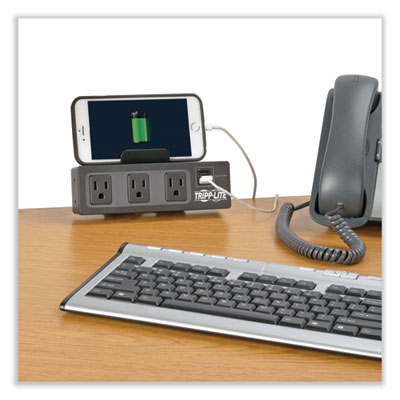 Tripp Lite Protect It! Three-Outlet Surge Protector with Desk Clamp, 4 AC Outlets, 10 ft Cord, 510 J, Black, Ships in 7-10 Business Days (TLP310USBC)