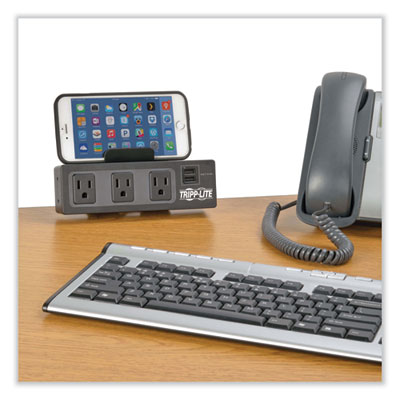 Tripp Lite Protect It! Three-Outlet Surge Protector with Desk Clamp, 4 AC Outlets, 10 ft Cord, 510 J, Black, Ships in 7-10 Business Days (TLP310USBC)
