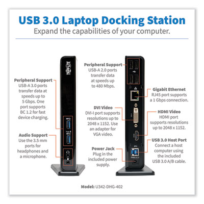 Tripp Lite USB 3.0 SuperSpeed Laptop Dock, CAT5/5e; CAT6; DVI; HDMI; Stereo Audio, Black, Ships in 7-10 Business Days (U342DHG402)