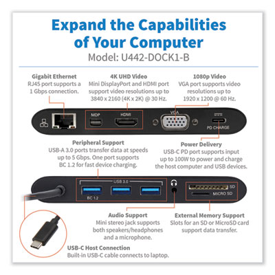 Tripp Lite USB-C Ultra HD Dual Display Dock, and 100 W PD Charging, Black, Ships in 7-10 Business Days (TRPU442DOCK1B)