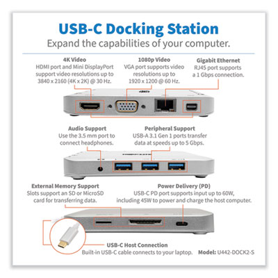 Tripp Lite USB-C Ultra HD Dual Display Dock, and 60 W PD Charging, Silver, Ships in 7-10 Business Days (TRPU442DOCK2S)