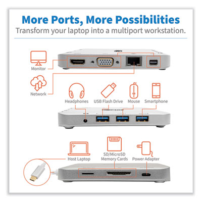 Tripp Lite USB-C Ultra HD Dual Display Dock, and 60 W PD Charging, Silver, Ships in 7-10 Business Days (TRPU442DOCK2S)