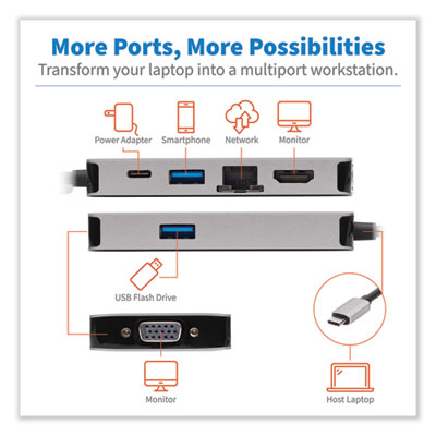 Tripp Lite USB-C HDMI Dual Display Dock, HDMI/RJ45/USB-A 3.0/USB-A 3.0 BC 1.2/USB-C PD Data/Charging/VGA, GY, Ships in 7-10 Bus Days (TRPU442DOCK6GY)