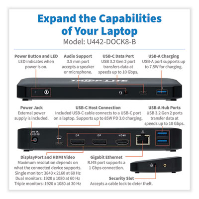 Tripp Lite USB-C HDMI and DisplayPort Triple Display Dock, 3.5mm/DisplayPort/HDMI/RJ45/USB-A/USB-C PD Charging,BK,Ships in 7-10 Bus Days (U442DOCK8B)