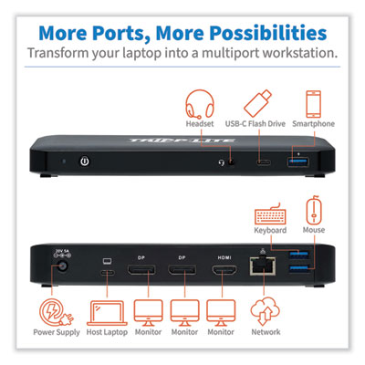 Tripp Lite USB-C HDMI and DisplayPort Triple Display Dock, 3.5mm/DisplayPort/HDMI/RJ45/USB-A/USB-C PD Charging,BK,Ships in 7-10 Bus Days (U442DOCK8B)