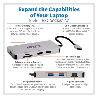 Tripp Lite USB-C UHD Dual Display Dock, HDMI/Micro SD/RJ45/SD/USB-A/USB-C PD Charging, Black/Gray, Ships in 7-10 Business Days (TRPU442DOCK8GGG)