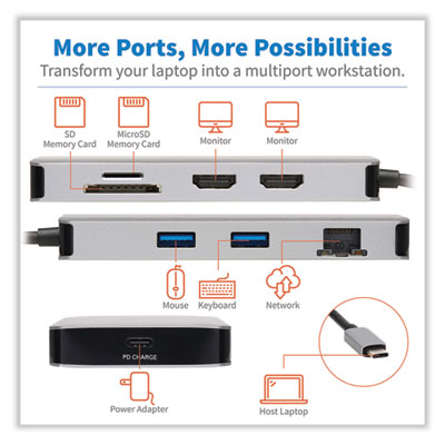 Tripp Lite USB-C UHD Dual Display Dock, HDMI/Micro SD/RJ45/SD/USB-A/USB-C PD Charging, Black/Gray, Ships in 7-10 Business Days (TRPU442DOCK8GGG)