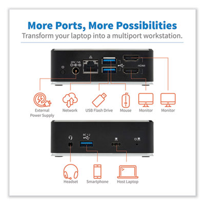 Tripp Lite Dual HDMI Dual Display USB-C Dock, 3.5 mm/HDMI/RJ45/USB-A/USB-C PD Charging, Black, Ships in 7-10 Business Days (U442DOCK20B)