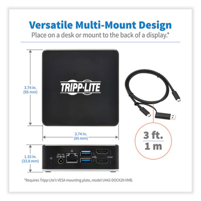 Tripp Lite Dual HDMI Dual Display USB-C Dock, 3.5 mm/HDMI/RJ45/USB-A/USB-C PD Charging, Black, Ships in 7-10 Business Days (U442DOCK20B)