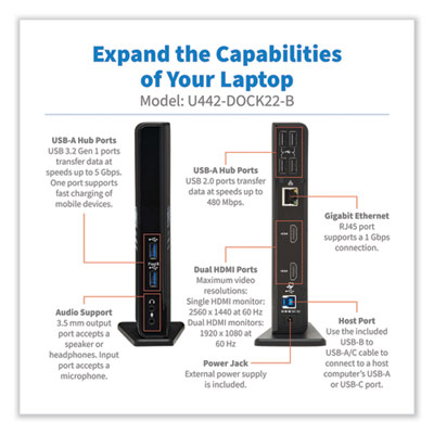 Tripp Lite USB-A/USB-C Dual Display Docking Station, 3.5 mm; HDMI; RJ45; USB A; USB-B, Black, Ships in 7-10 Business Days (U442DOCK22B)