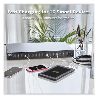 Tripp Lite 16-Port USB Charging Station with Syncing Function, 16 Devices, 13.7 x 21.1 x 4.2, Black, Ships in 7-10 Business Days (U280016RM)